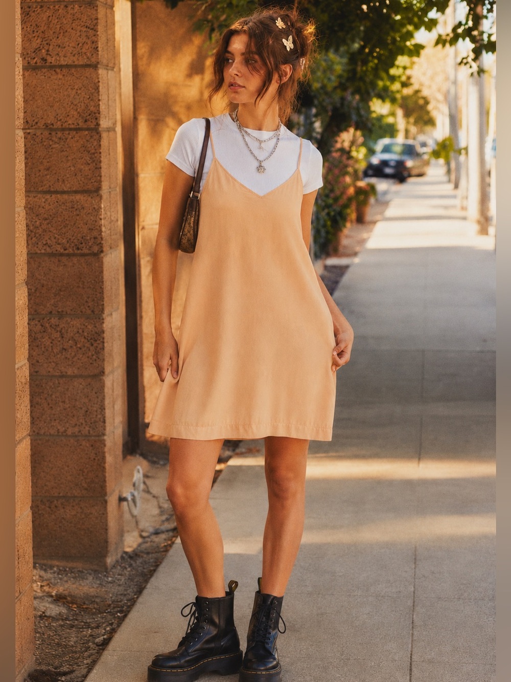 Grana Silk Peach V-Neck Slip Dress Minimalist Capsule Mini